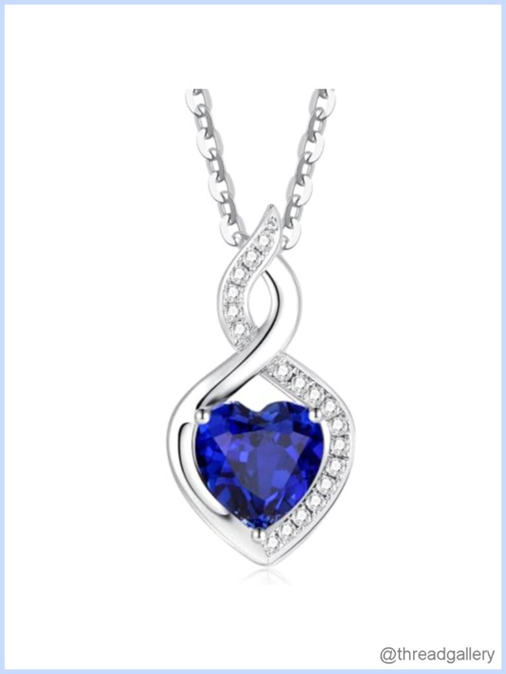 14K Solid White Gold Heart Pendant Necklace with Created Sapphire and Lab-Grown